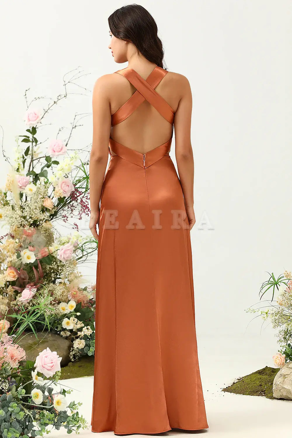 Beaira Copper A Line V Neck Bright Satin Bridesmaid Dress with Open Back Bridesmaid dress shop 