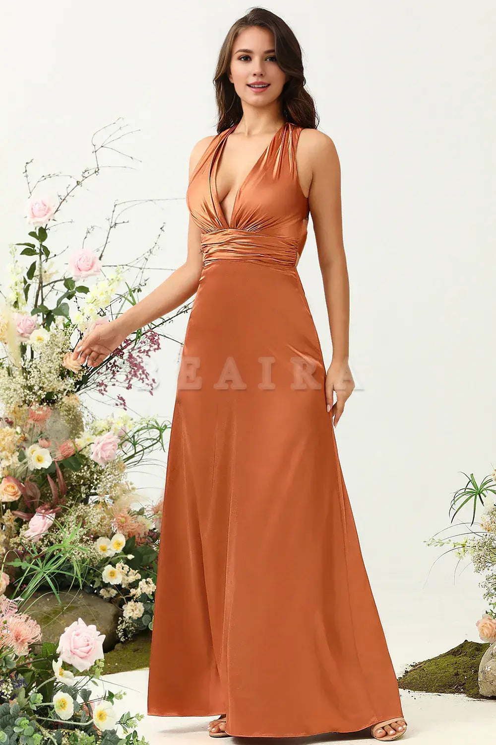Beaira Copper A Line V Neck Bright Satin Bridesmaid Dress with Open Back Bridesmaid dress shop 