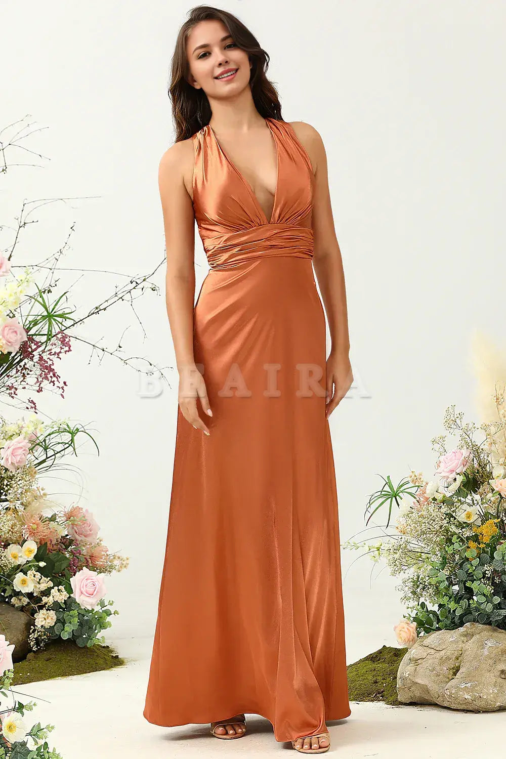 Beaira Copper A Line V Neck Bright Satin Bridesmaid Dress with Open Back Bridesmaid dress shop 