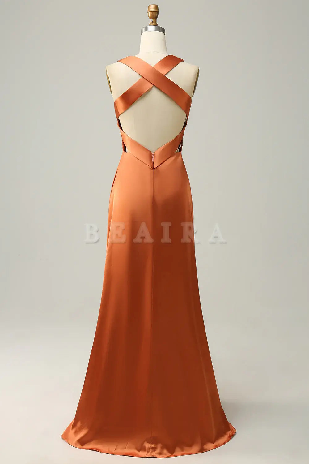 Beaira Copper A Line V Neck Bright Satin Bridesmaid Dress with Open Back Bridesmaid dress shop 