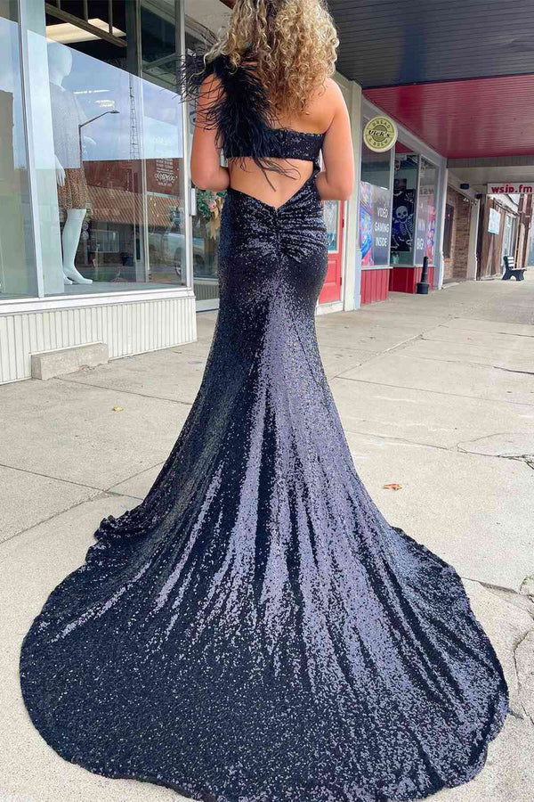 Cut-out Sequin Sheath One Shoulder Feathers Long Prom Dress With Slit