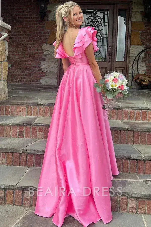 Beaira Cute A-Line V Neck Sleeveless Ruffles V Back High Side Slit and Train Back Zipper Prom Dress Evening Party Gown