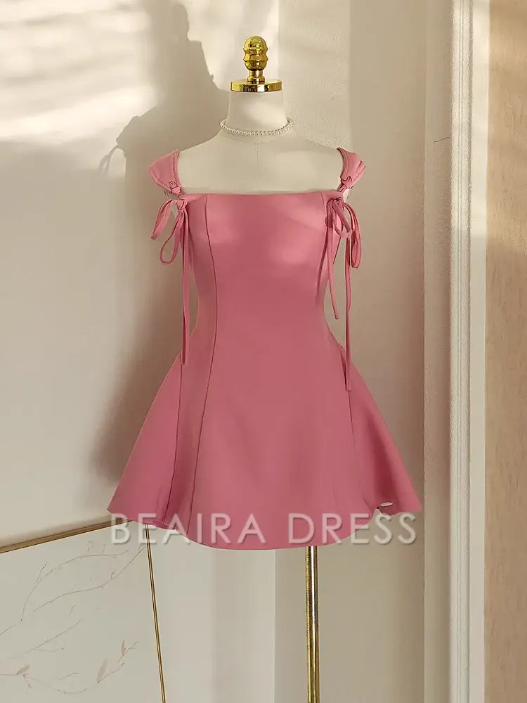 Beaira Cute A Line Straps Pink Satin Short Homecoming Dresses Birthday Outfits