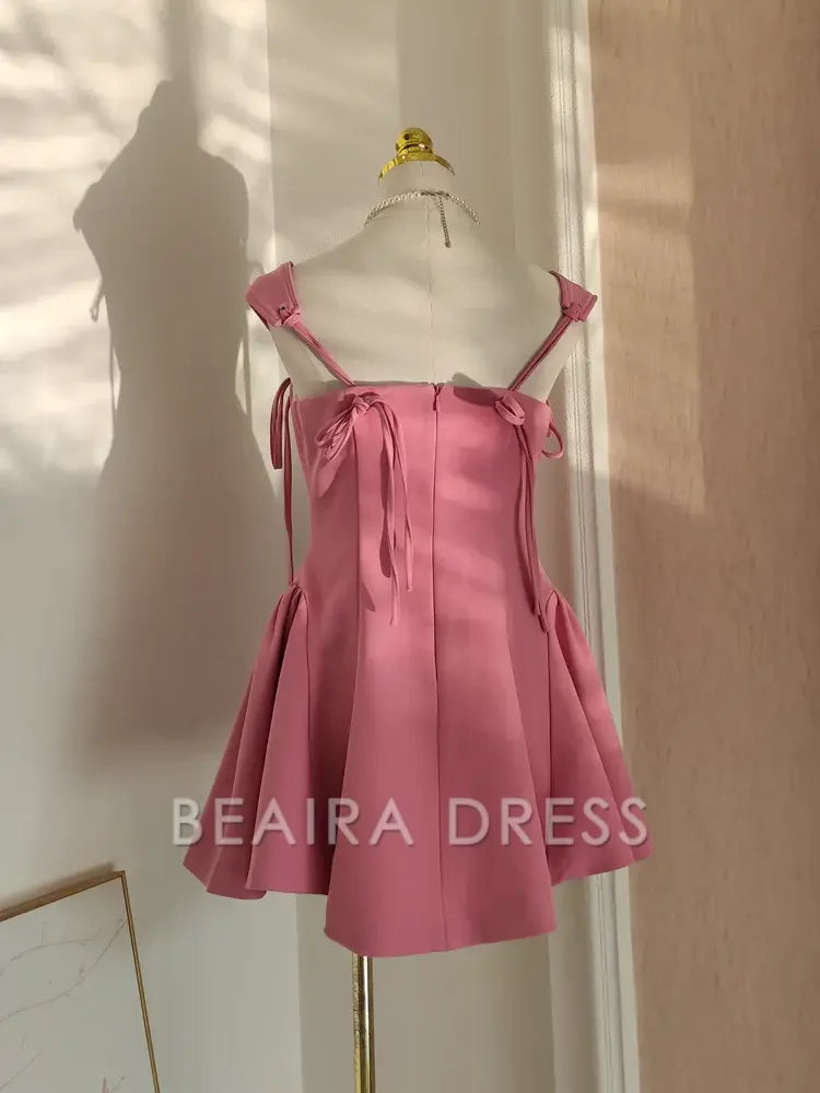 Beaira Cute A Line Straps Pink Satin Short Homecoming Dresses Birthday Outfits