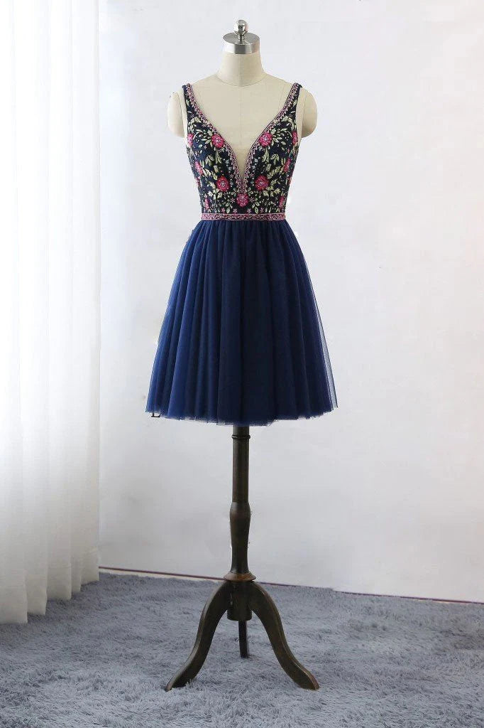 Dark Blue V Neck Lace Tulle Short Cocktail Dresses Floral Print Backless Homecoming Dress