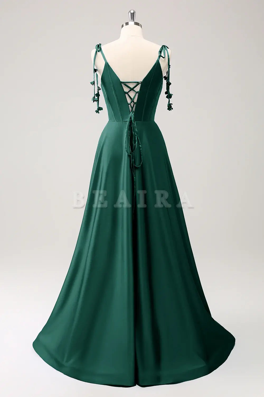 Beaira Dark Green A Line Spaghetti Straps Lace Up Back Long Bridesmaid Dress with Slit Bridesmaid dress shop 