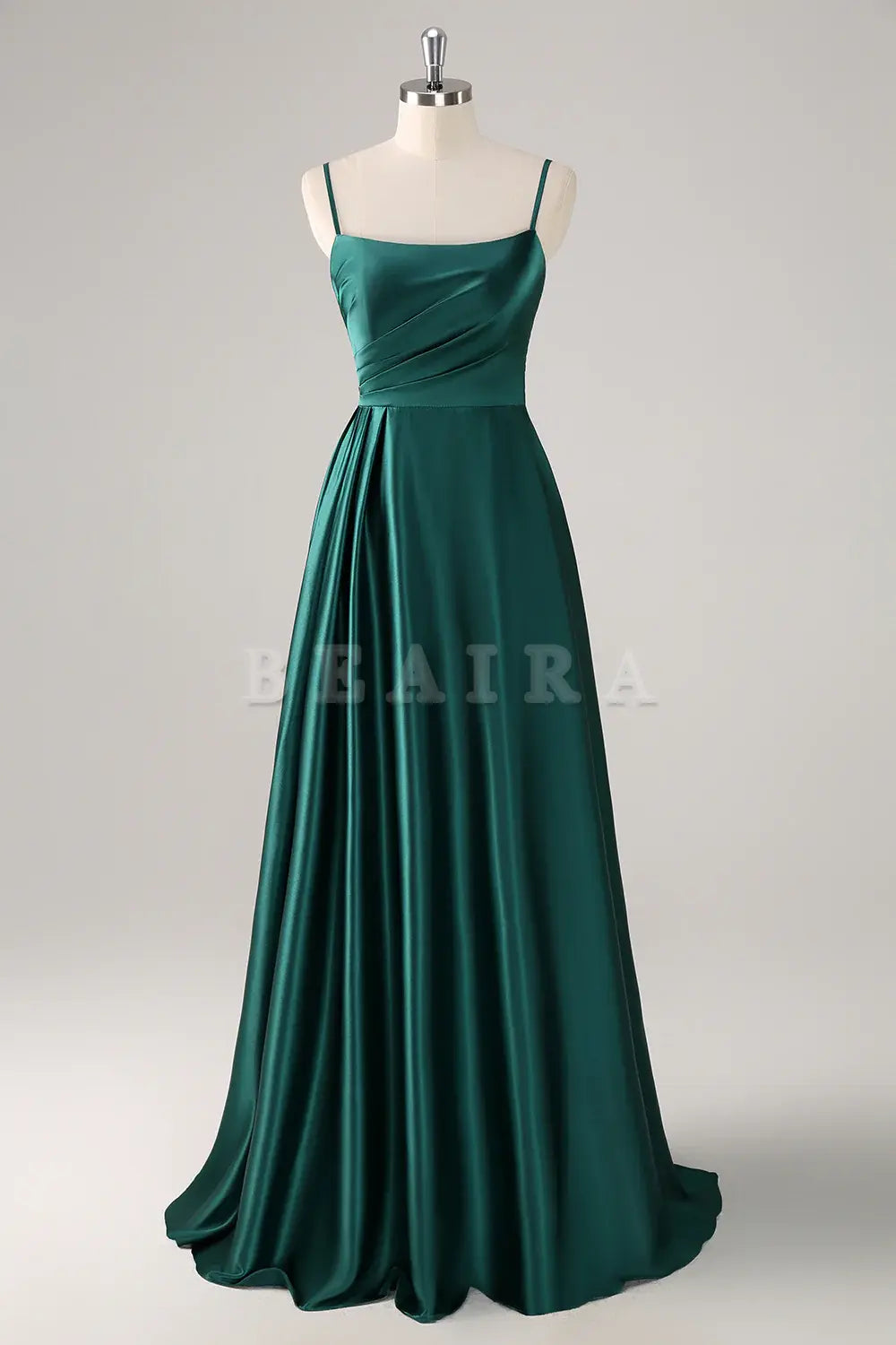 Beaira Dark Green A Line Spaghetti Straps Ruched Satin Bridesmaid Dress Bridesmaid dress shop 