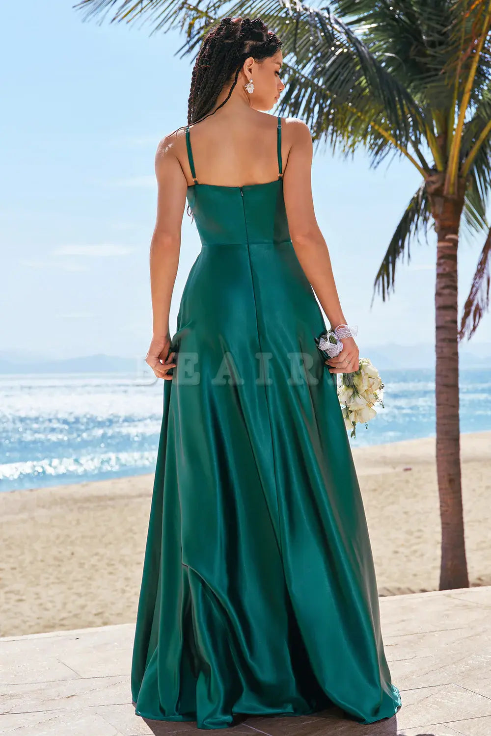 Beaira Dark Green A Line Spaghetti Straps Ruched Satin Bridesmaid Dress Bridesmaid dress shop 