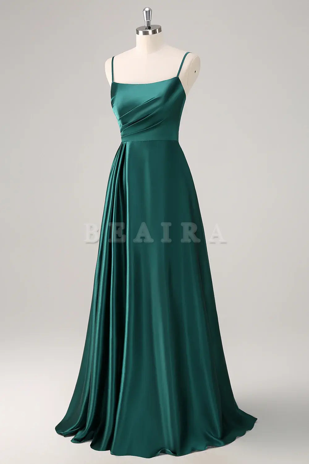 Beaira Dark Green A Line Spaghetti Straps Ruched Satin Bridesmaid Dress Bridesmaid dress shop 