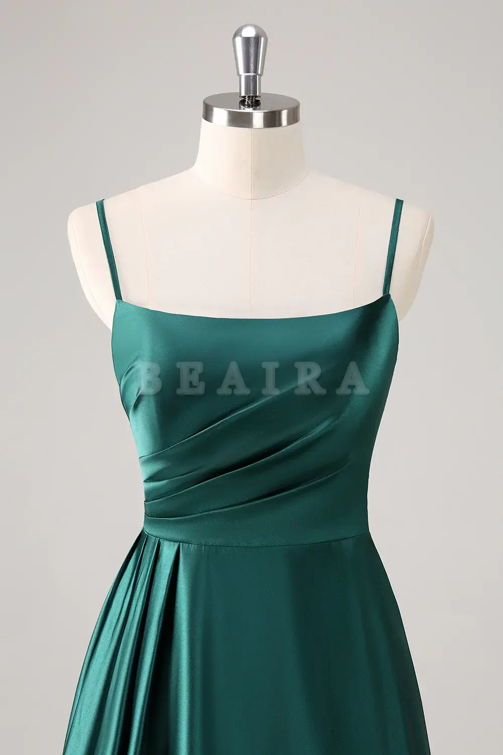 Beaira Dark Green A Line Spaghetti Straps Ruched Satin Bridesmaid Dress Bridesmaid dress shop 