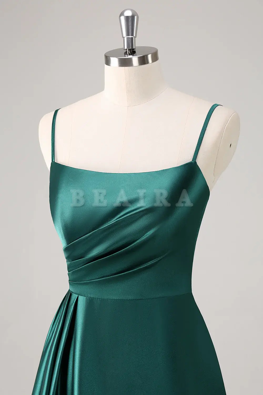 Beaira Dark Green A Line Spaghetti Straps Ruched Satin Bridesmaid Dress Bridesmaid dress shop 