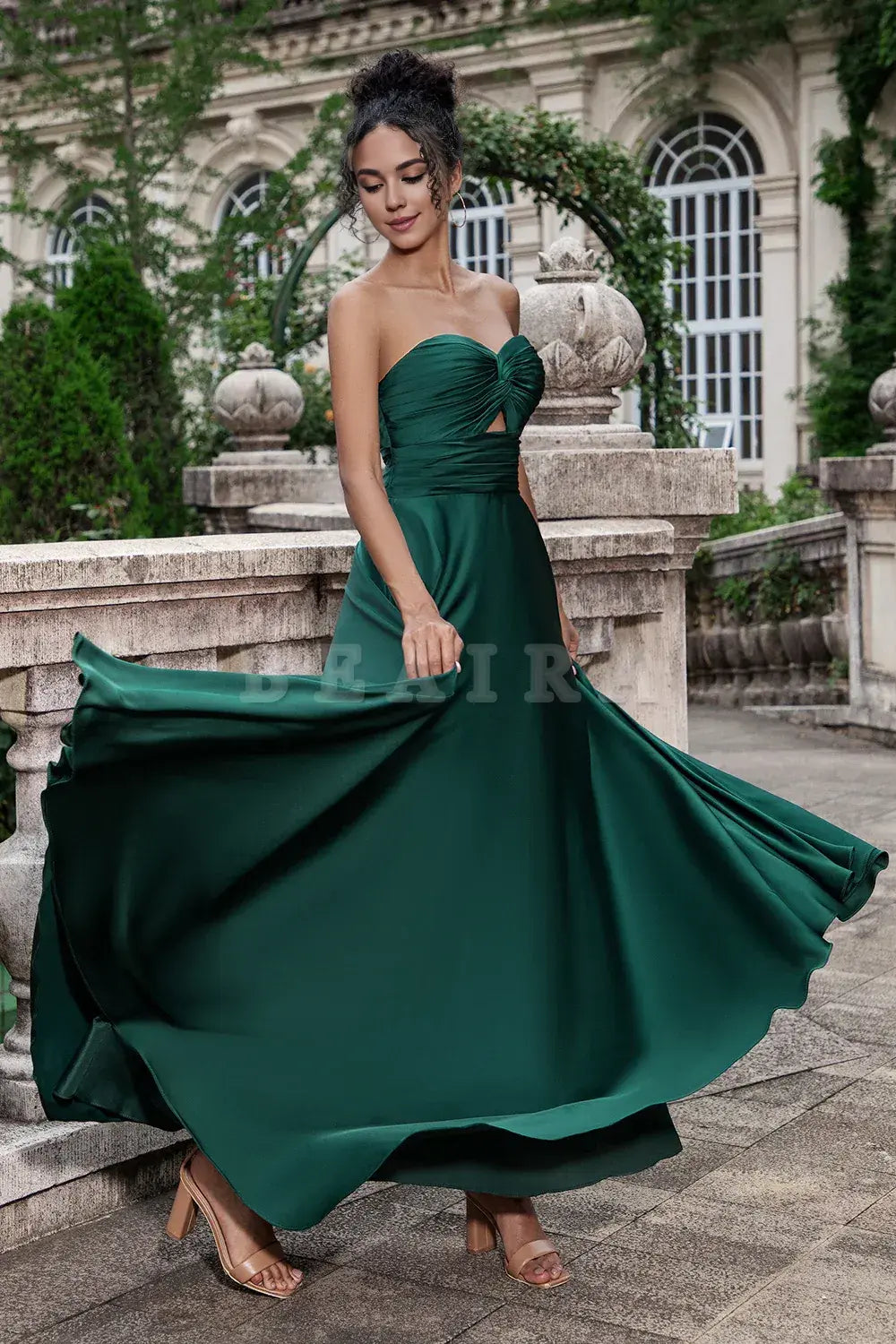 Beaira Dark Green A Line Sweetheart Satin Cut Out Pleated Long Wedding Party Guest Dress Bridesmaid dress shop