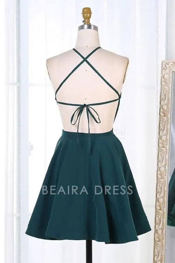 Beaira Dark Green Short Satin Homecoming Dresses Party Dresses formal wear dresses