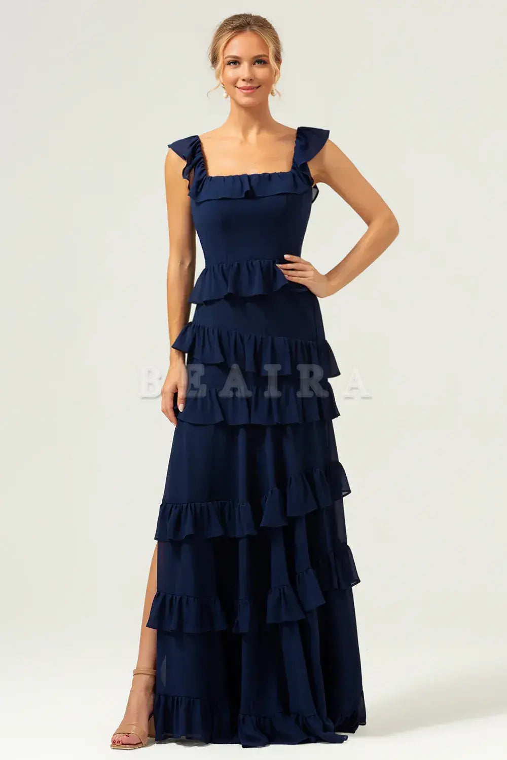 Beaira Dark Navy A-Line Square Neck Tiered Long Bridesmaid Dress Bridesmaid dress shop