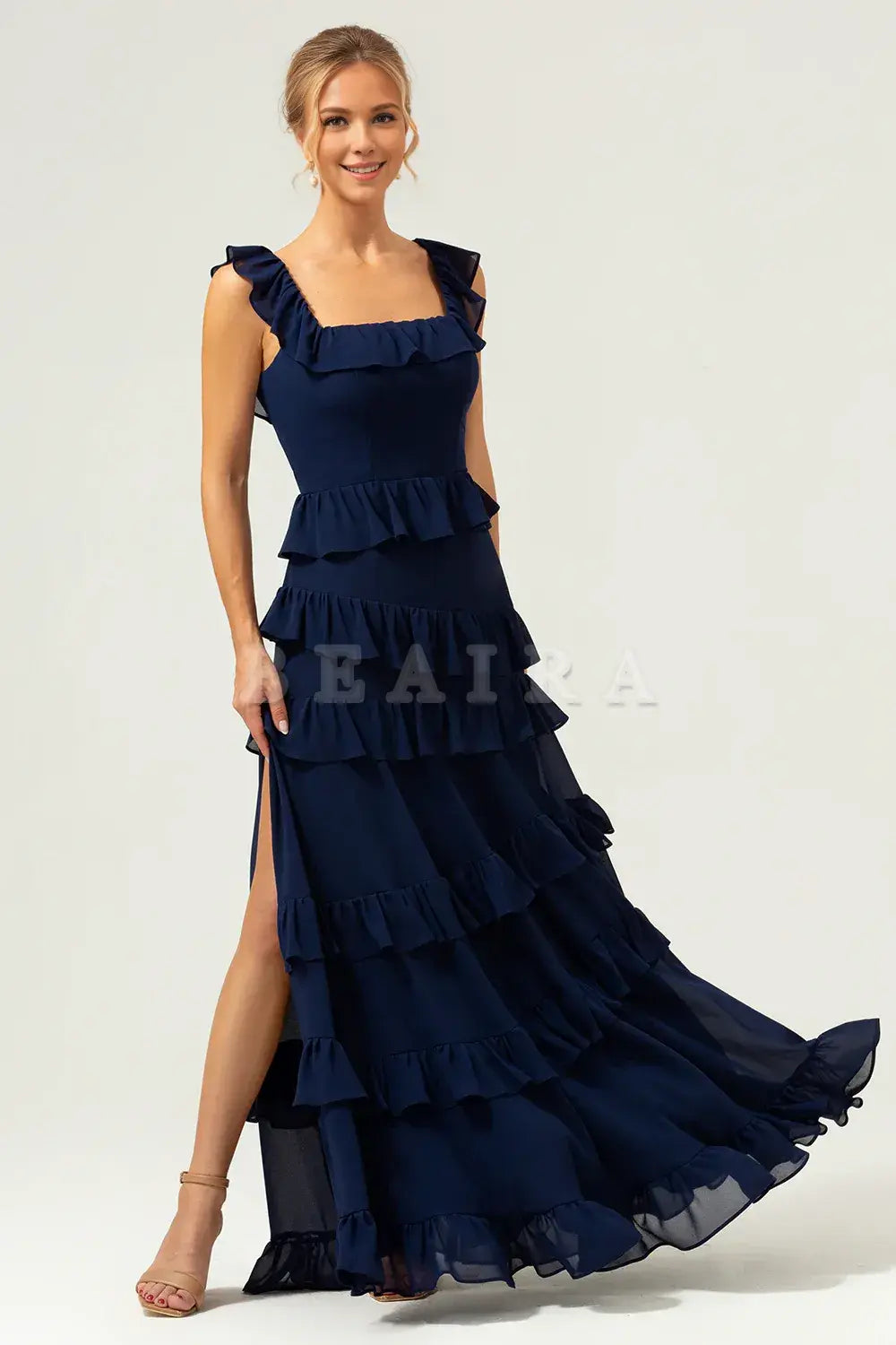 Beaira Dark Navy A-Line Square Neck Tiered Long Bridesmaid Dress Bridesmaid dress shop