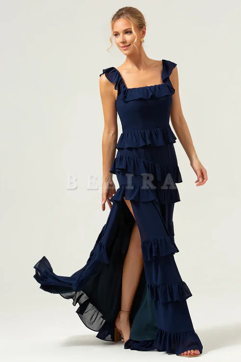 Beaira Dark Navy A-Line Square Neck Tiered Long Bridesmaid Dress Bridesmaid dress shop