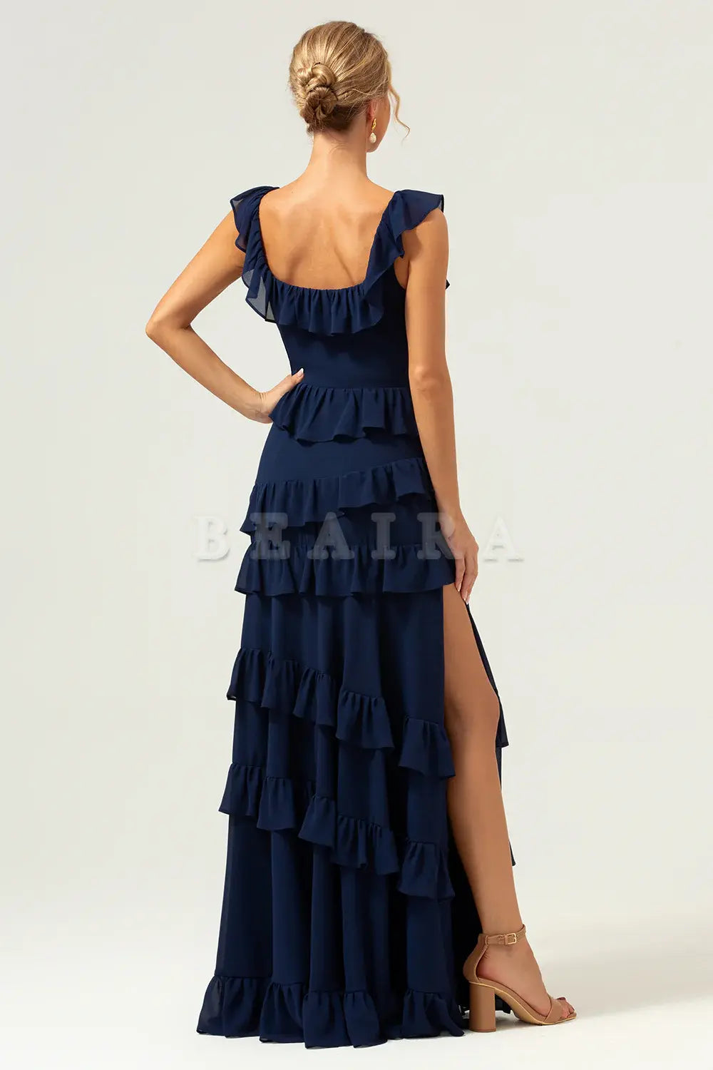 Beaira Dark Navy A-Line Square Neck Tiered Long Bridesmaid Dress Bridesmaid dress shop