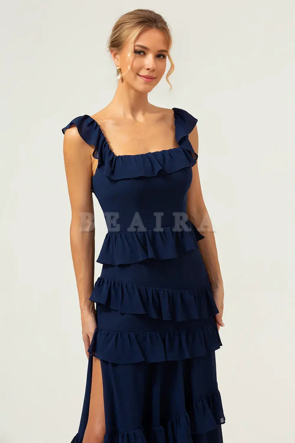 Beaira Dark Navy A-Line Square Neck Tiered Long Bridesmaid Dress Bridesmaid dress shop
