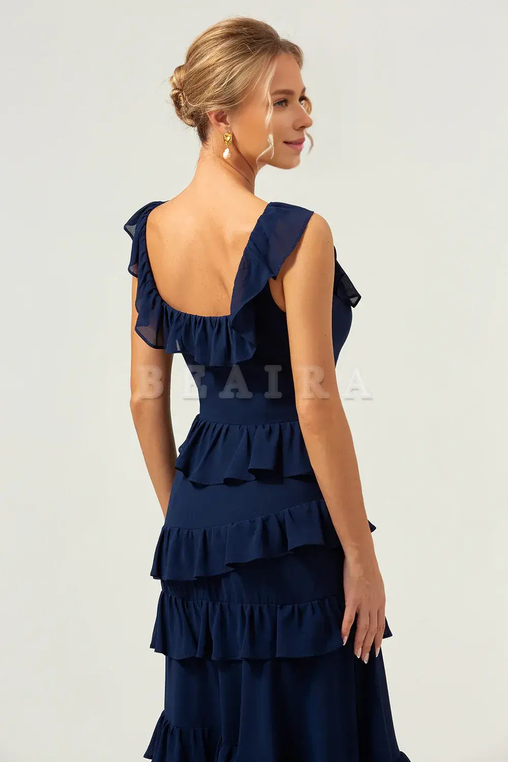 Beaira Dark Navy A-Line Square Neck Tiered Long Bridesmaid Dress Bridesmaid dress shop