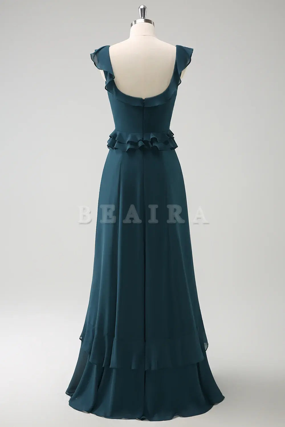 Beaira Dark Peacock Green A Line Square Neck Chiffon Long Bridesmaid Dress with Ruffles Bridesmaid dress shop