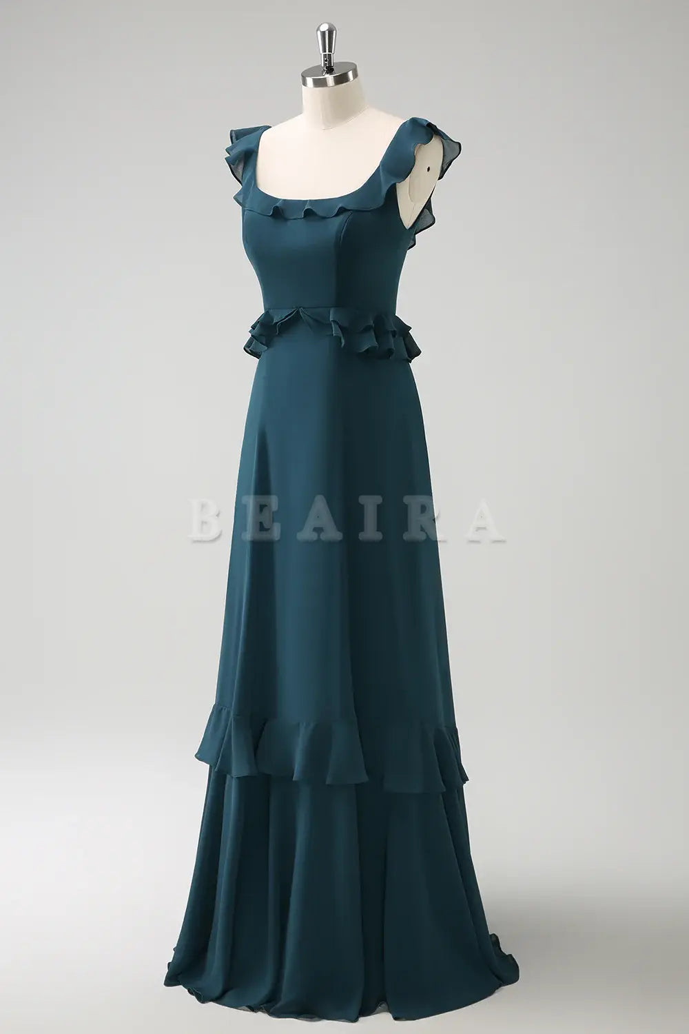 Beaira Dark Peacock Green A Line Square Neck Chiffon Long Bridesmaid Dress with Ruffles Bridesmaid dress shop