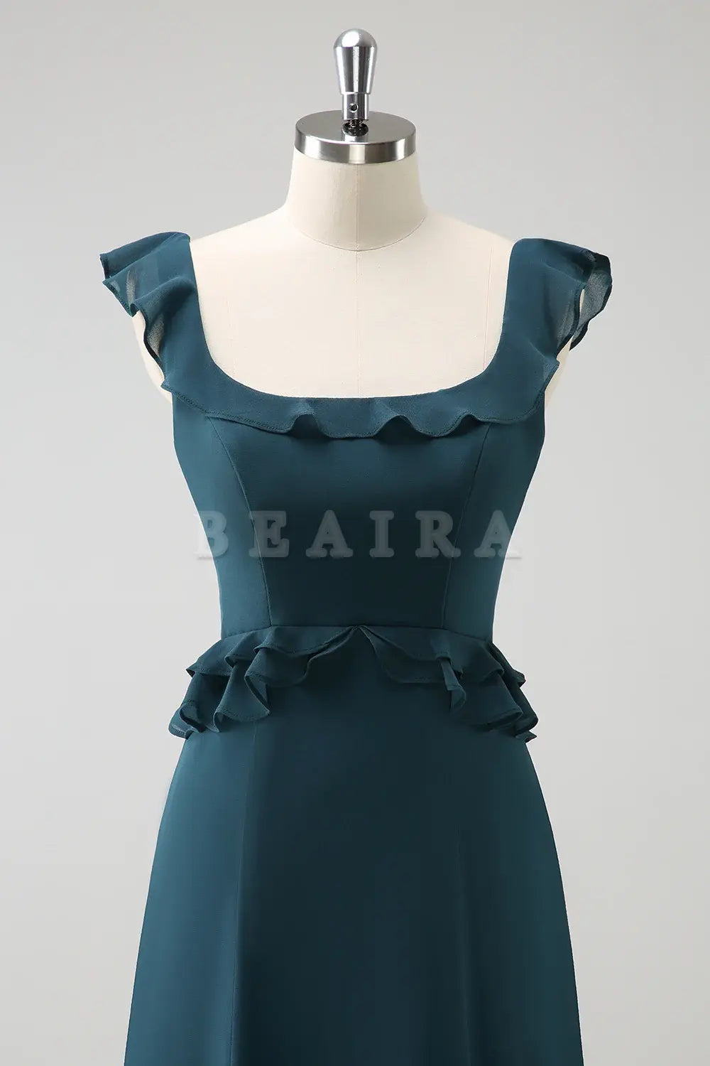 Beaira Dark Peacock Green A Line Square Neck Chiffon Long Bridesmaid Dress with Ruffles Bridesmaid dress shop