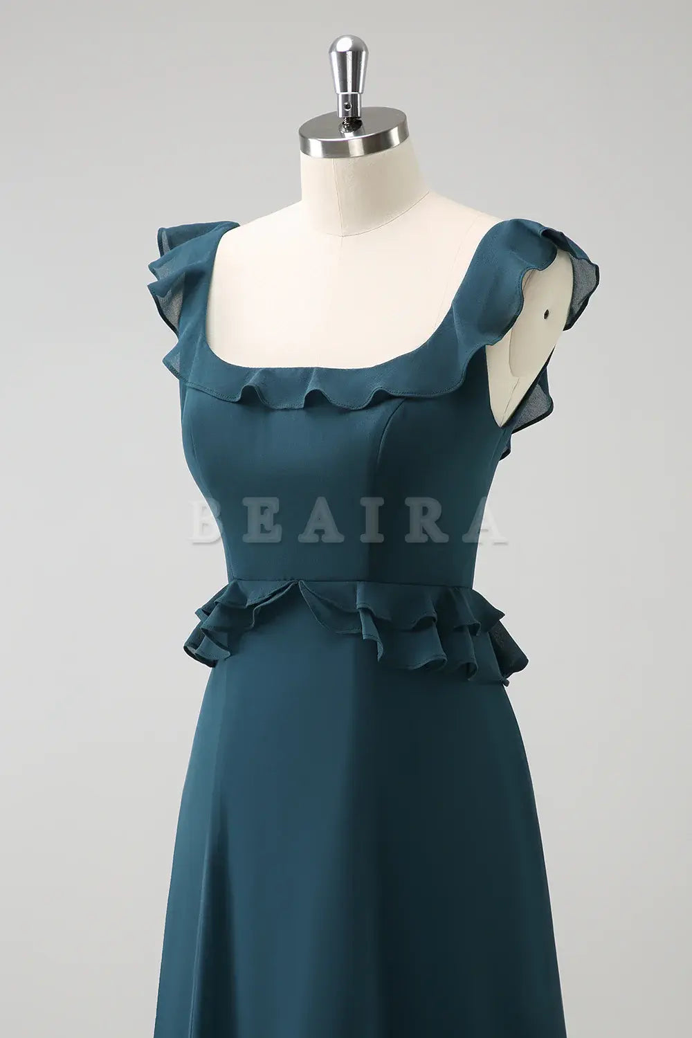 Beaira Dark Peacock Green A Line Square Neck Chiffon Long Bridesmaid Dress with Ruffles Bridesmaid dress shop