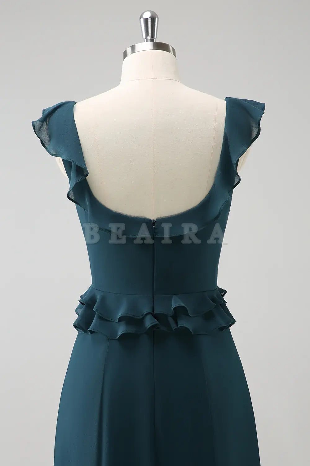 Beaira Dark Peacock Green A Line Square Neck Chiffon Long Bridesmaid Dress with Ruffles Bridesmaid dress shop