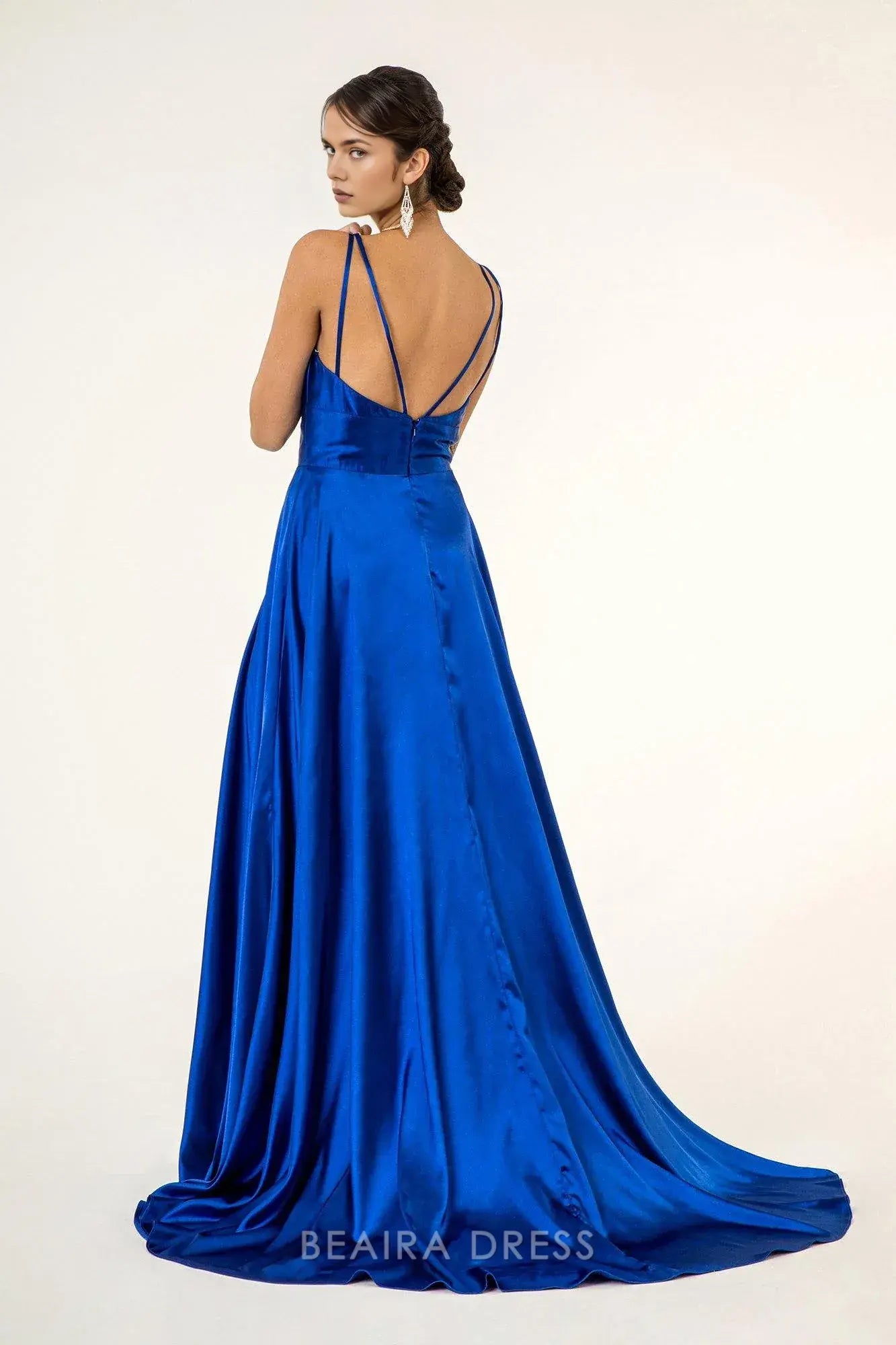 Simple Deep V - Neck Satin Maxi Dress with High Slit prom dress (Multiple Colors)