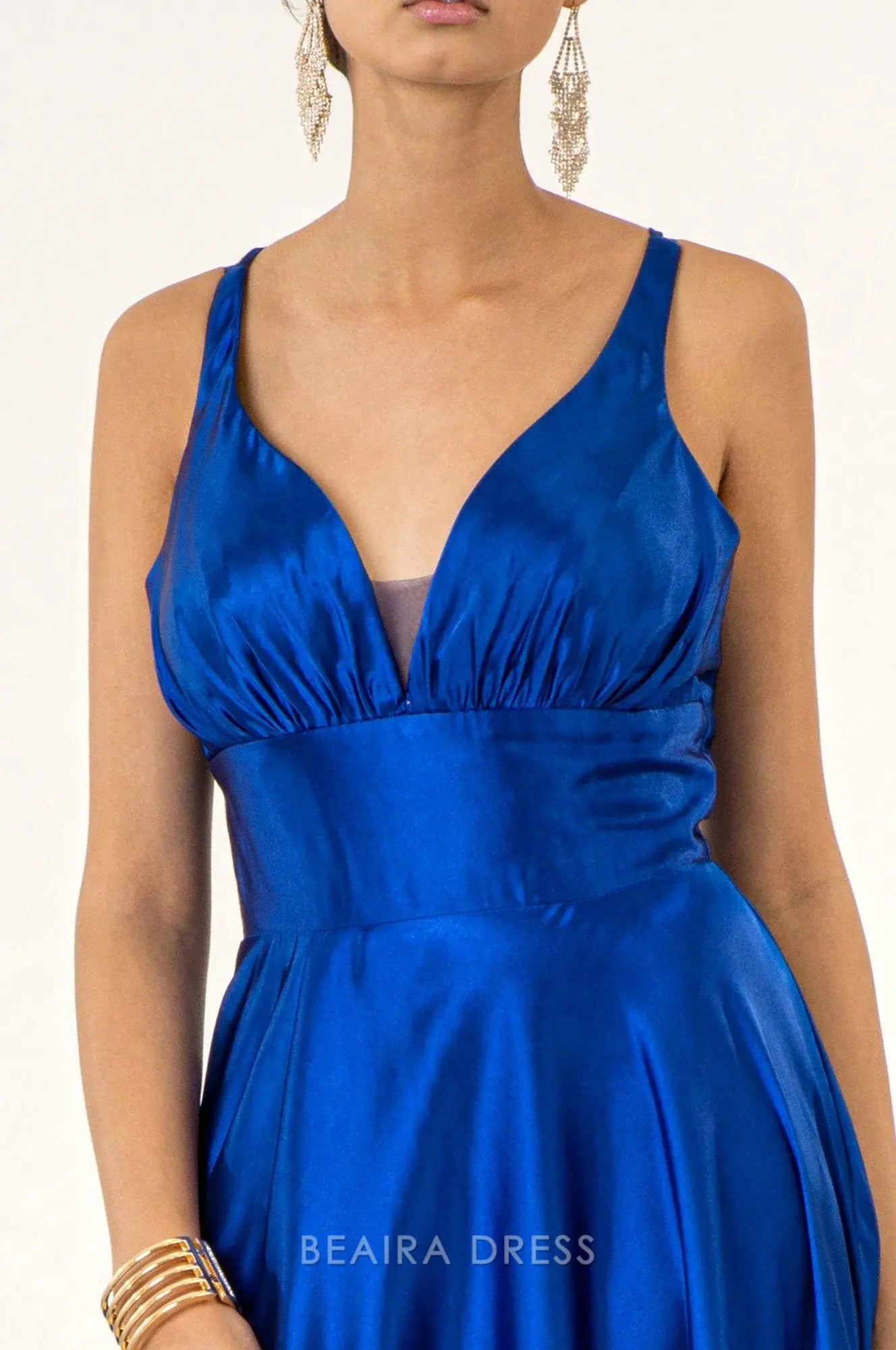 Simple Deep V - Neck Satin Maxi Dress with High Slit prom dress (Multiple Colors)