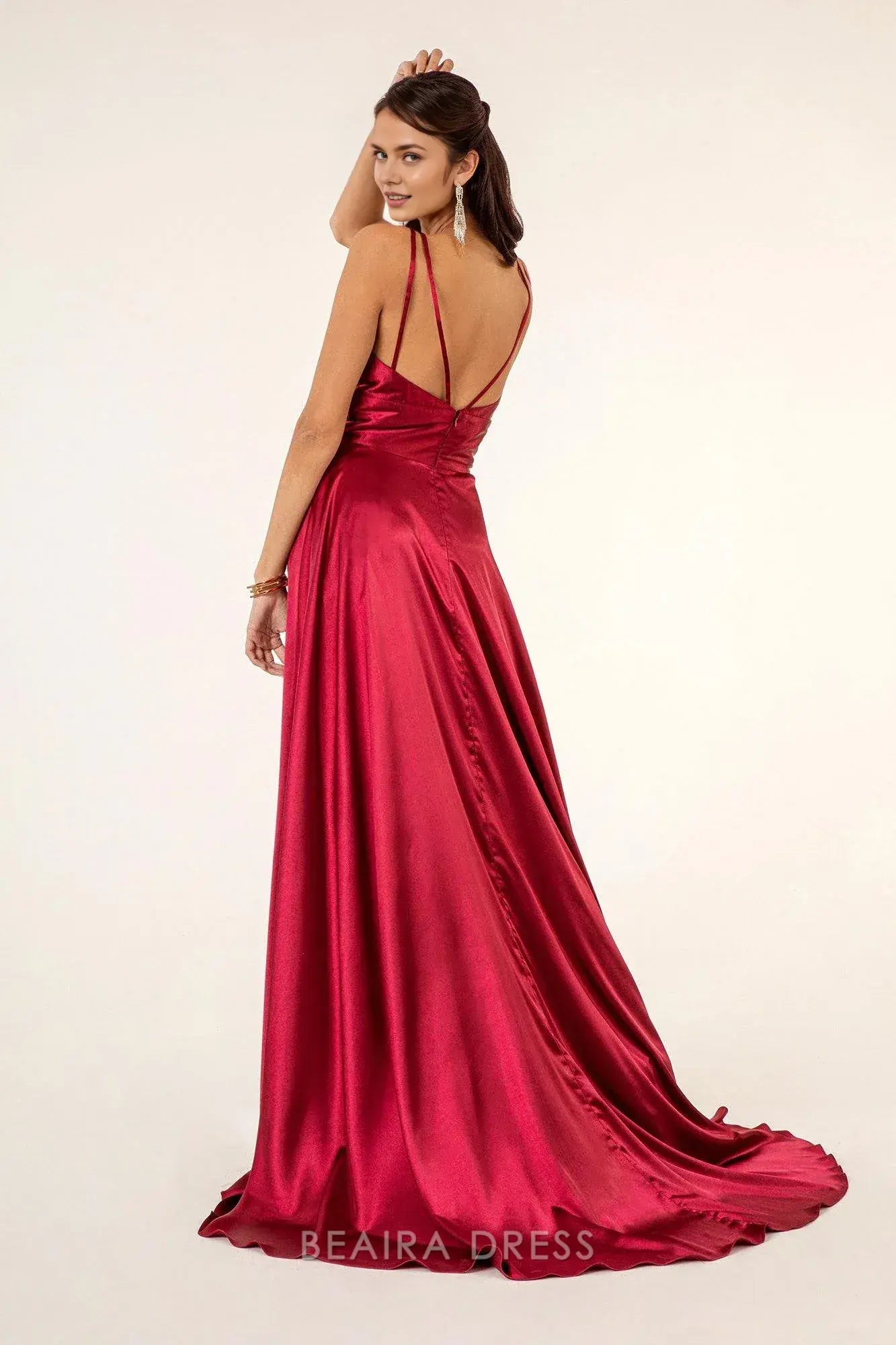Simple Deep V - Neck Satin Maxi Dress with High Slit prom dress (Multiple Colors)