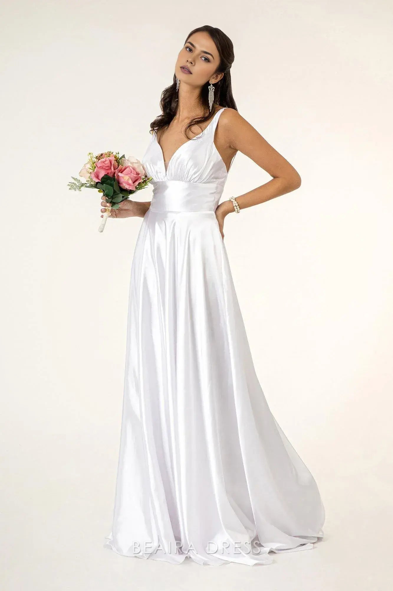 Simple Deep V - Neck Satin Maxi Dress with High Slit prom dress (Multiple Colors)