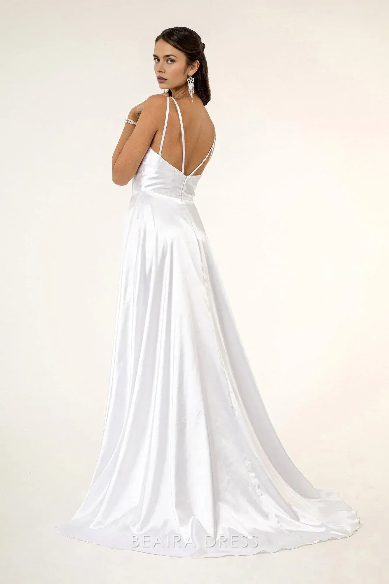 Simple Deep V - Neck Satin Maxi Dress with High Slit prom dress (Multiple Colors)