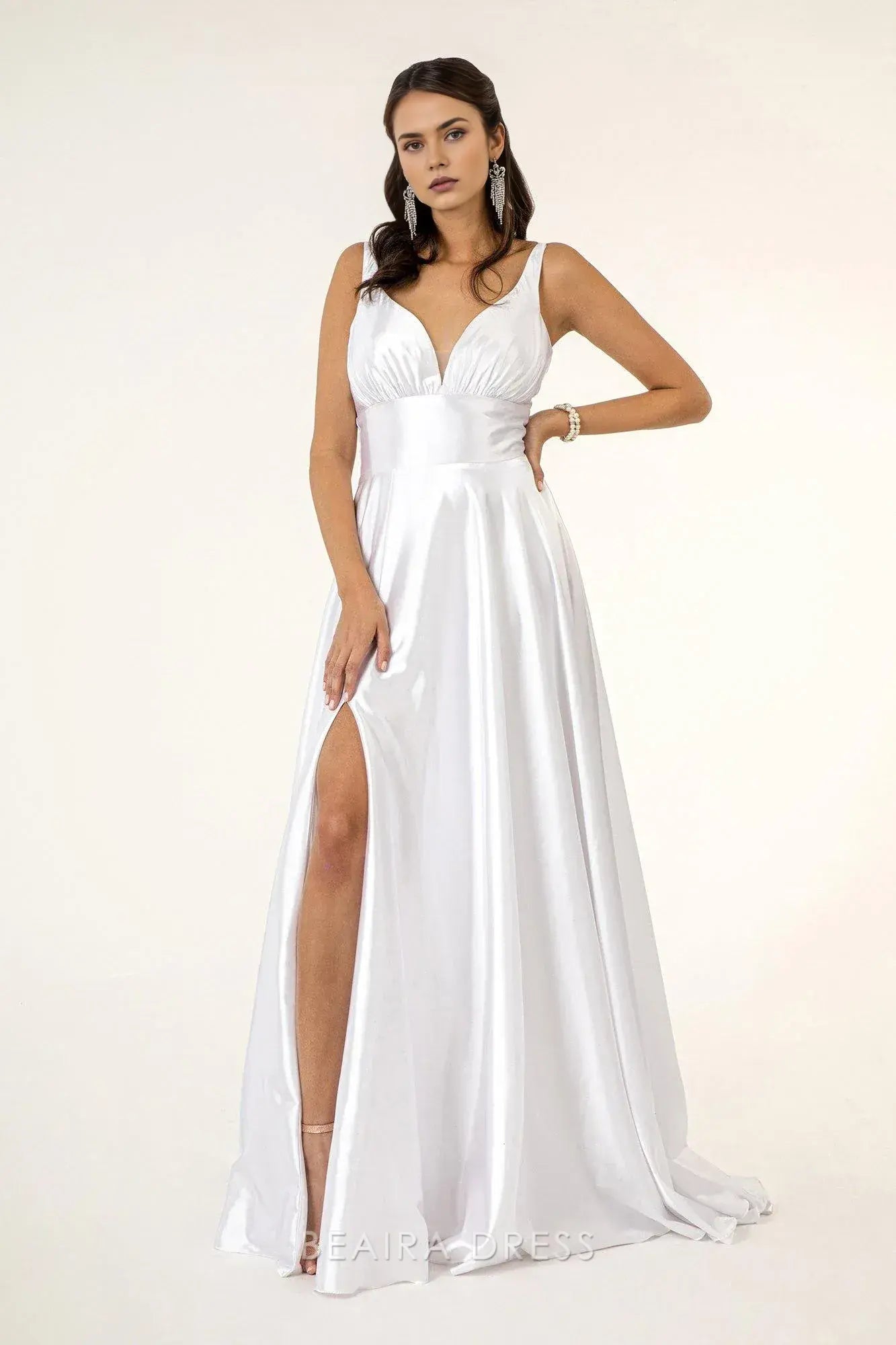 Simple Deep V - Neck Satin Maxi Dress with High Slit prom dress (Multiple Colors)