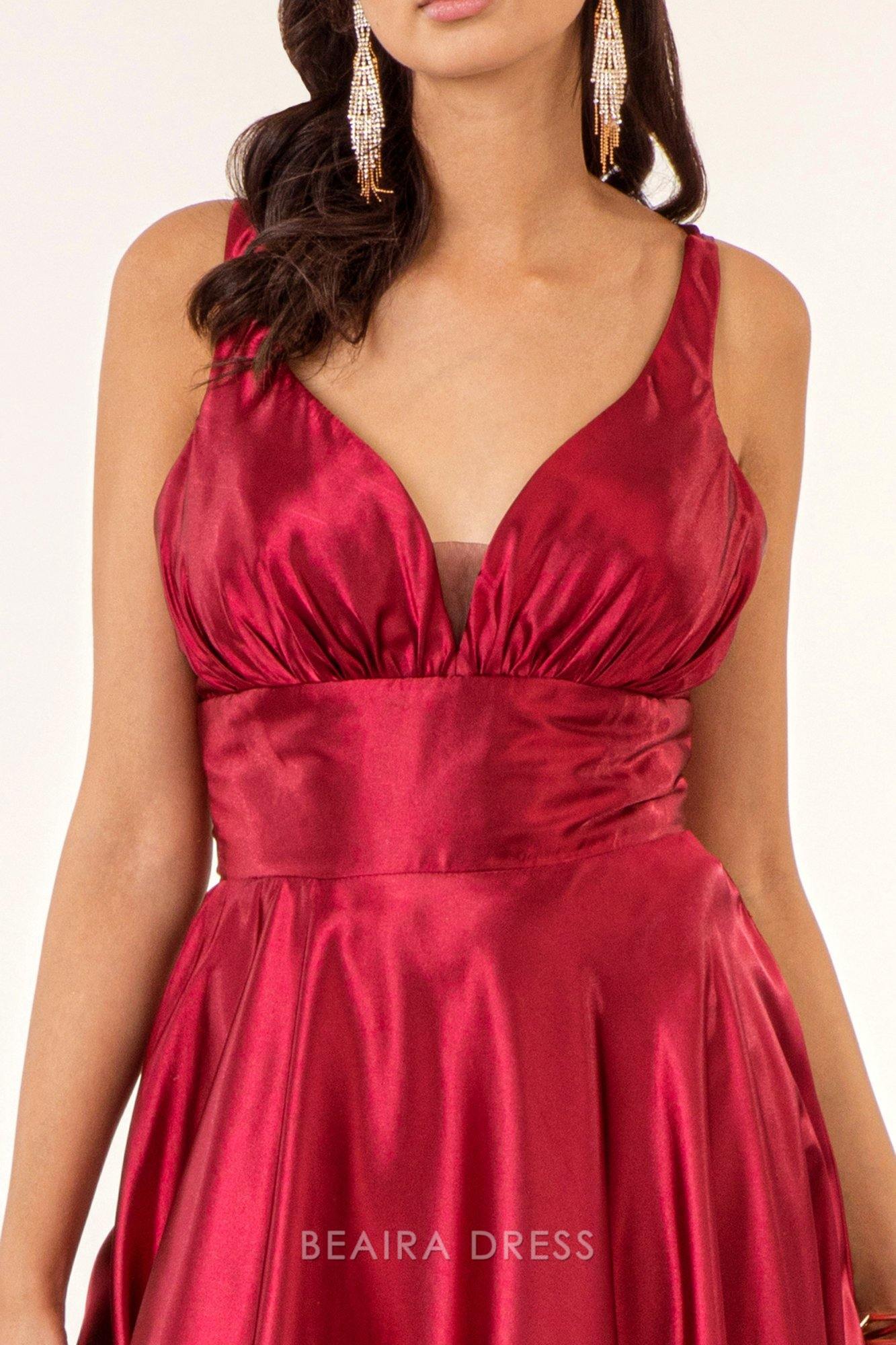 Simple Deep V - Neck Satin Maxi Dress with High Slit prom dress (Multiple Colors)