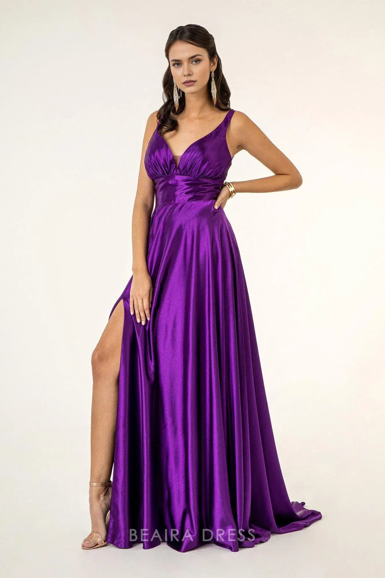 Simple Deep V - Neck Satin Maxi Dress with High Slit prom dress (Multiple Colors)