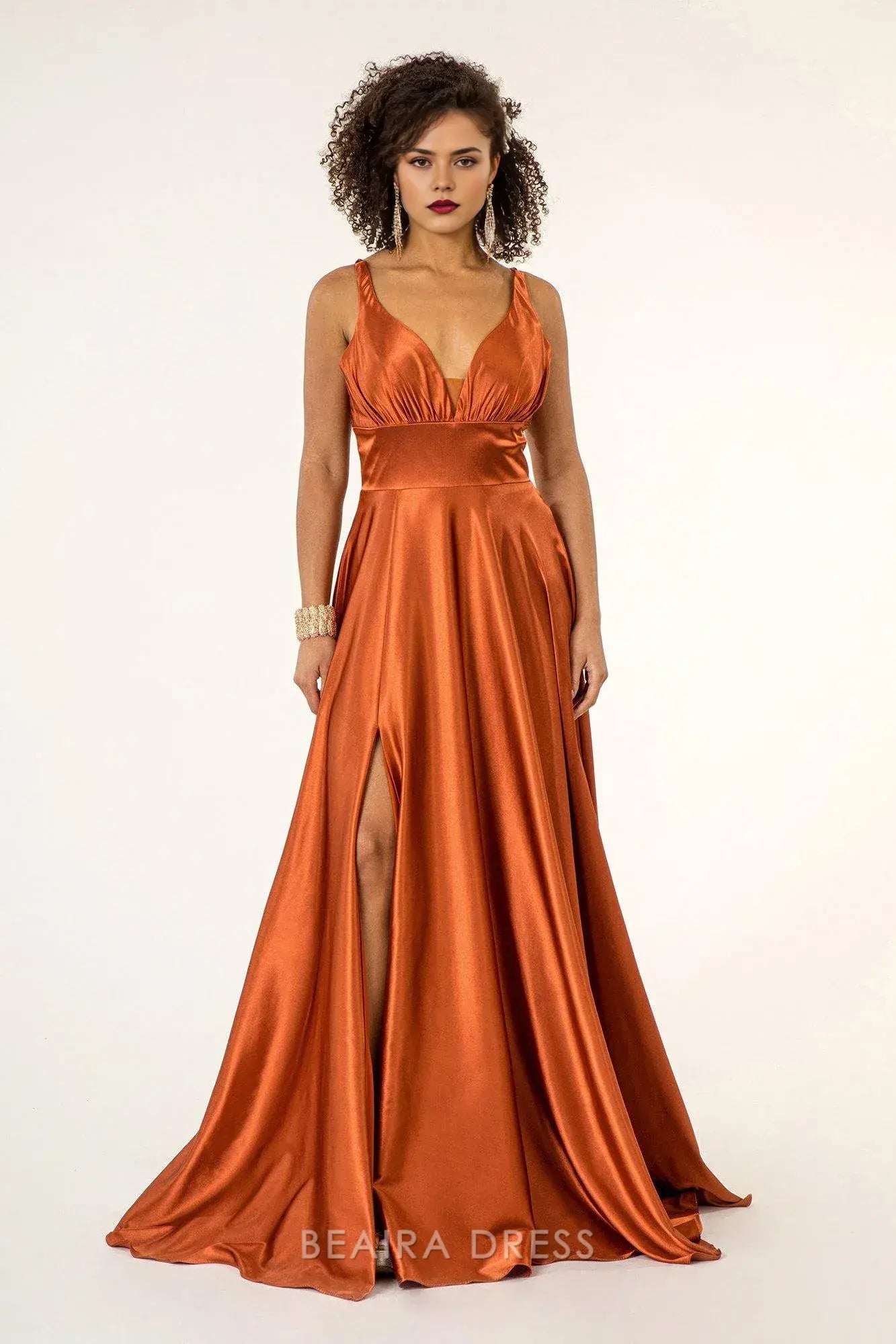 Simple Deep V - Neck Satin Maxi Dress with High Slit prom dress (Multiple Colors)