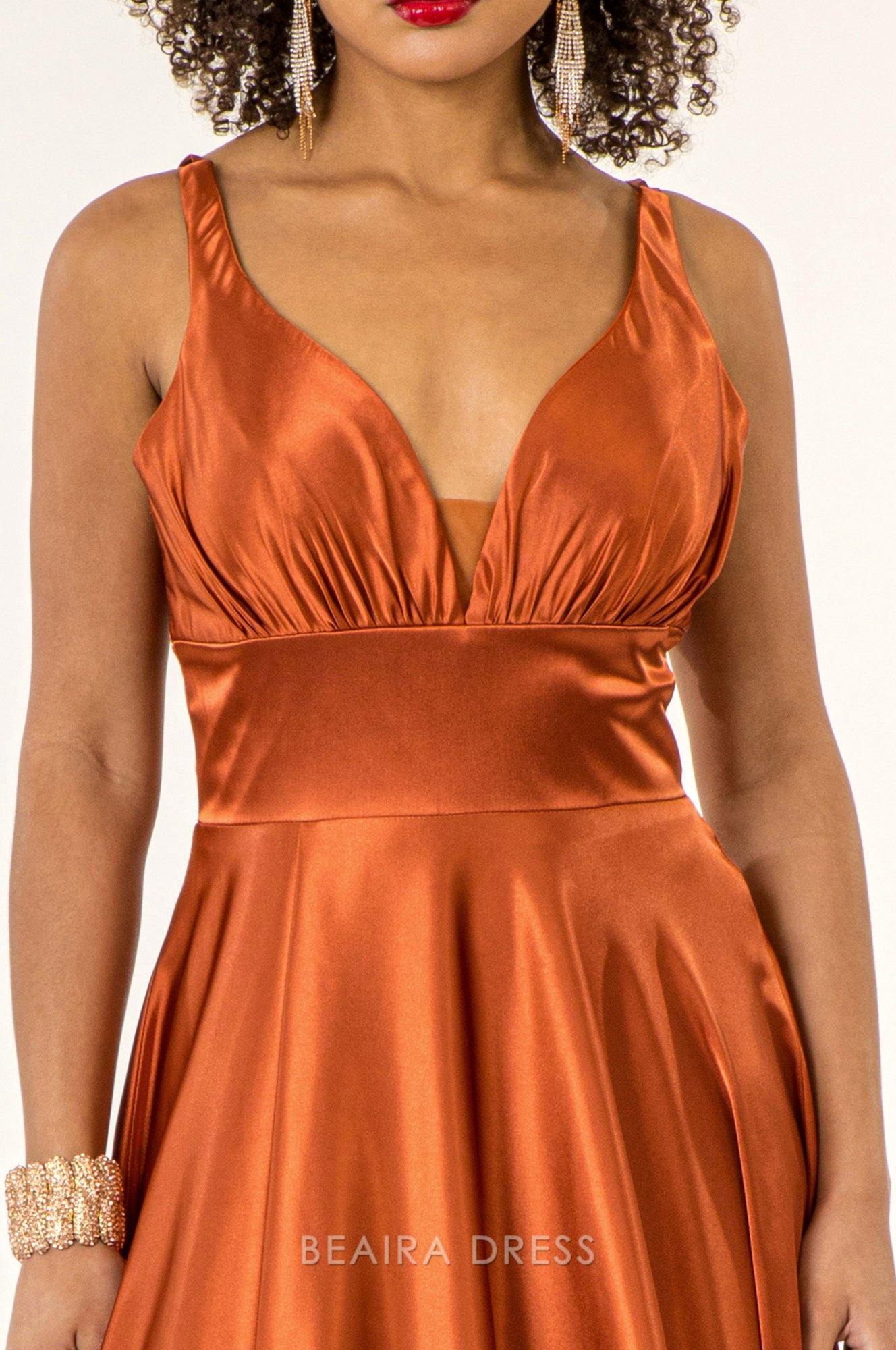 Simple Deep V - Neck Satin Maxi Dress with High Slit prom dress (Multiple Colors)
