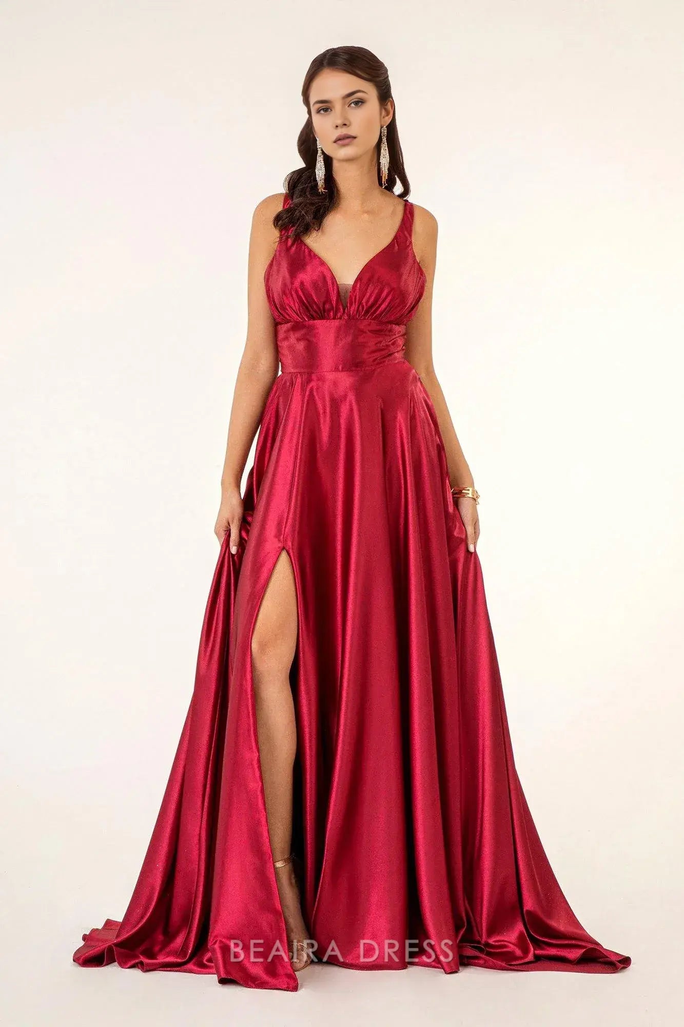 Simple Deep V - Neck Satin Maxi Dress with High Slit prom dress (Multiple Colors)