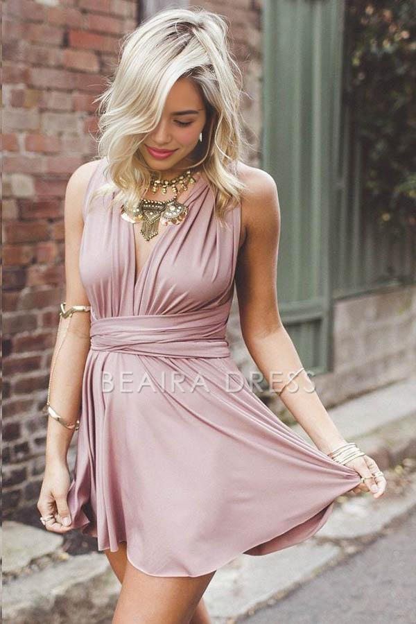Beaira Simple Deep V-Neck Criss-Cross Straps Short Blush Satin Homecoming Dress formal wear dresses