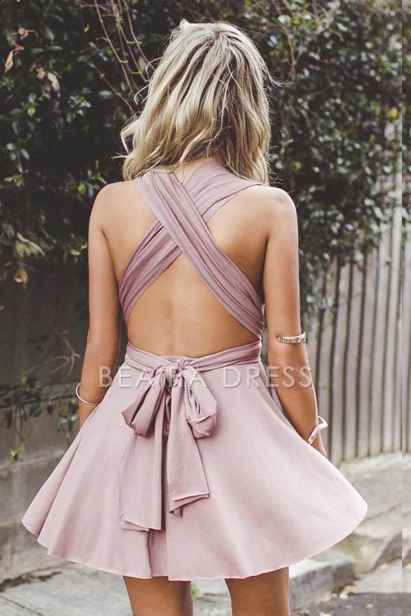 Beaira Simple Deep V-Neck Criss-Cross Straps Short Blush Satin Homecoming Dress formal wear dresses