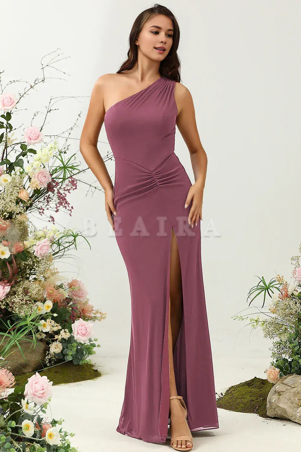 Beaira Desert Rose Mermaid One Shoulder Long Bridesmaid Dress with Slit Bridesmaid dress shop