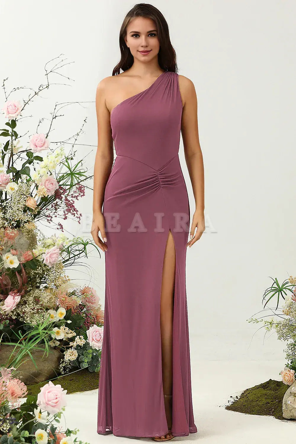 Beaira Desert Rose Mermaid One Shoulder Long Bridesmaid Dress with Slit Bridesmaid dress shop