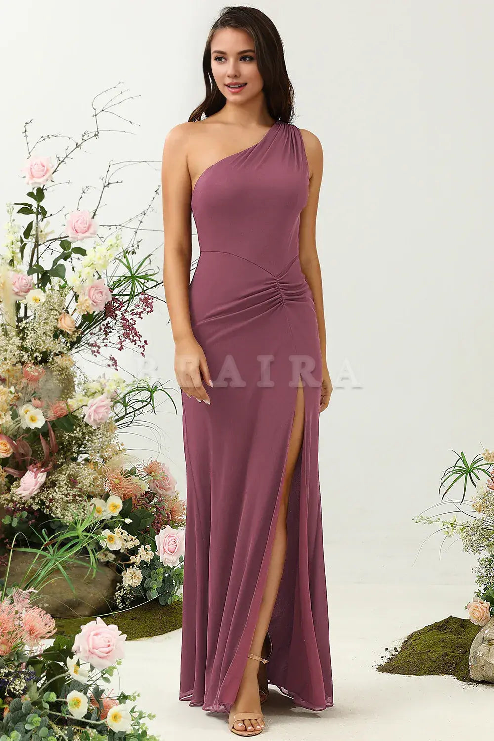 Beaira Desert Rose Mermaid One Shoulder Long Bridesmaid Dress with Slit Bridesmaid dress shop