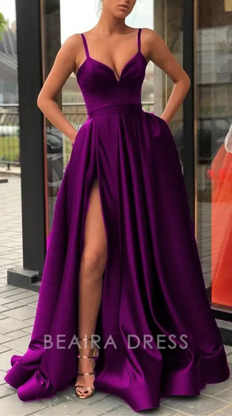 Beaira Elegant Discount Purple spaghetti straps V-neck long prom dress purple evening dress satin party dresses formal wear dresses