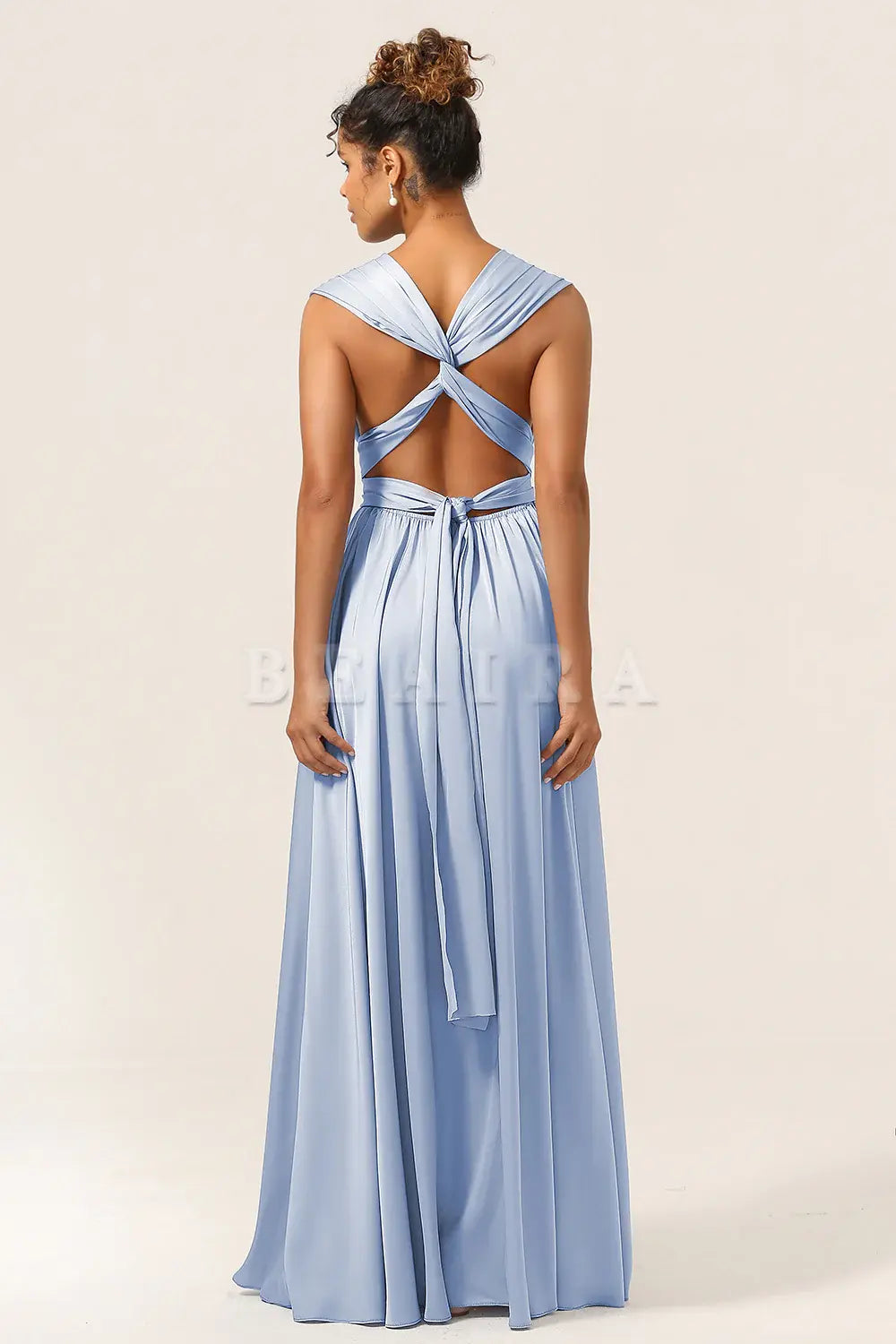 Beaira Dusty Blue A-Line Convertible Floor Length Satin Bridesmaid Dress Bridesmaid dress shop