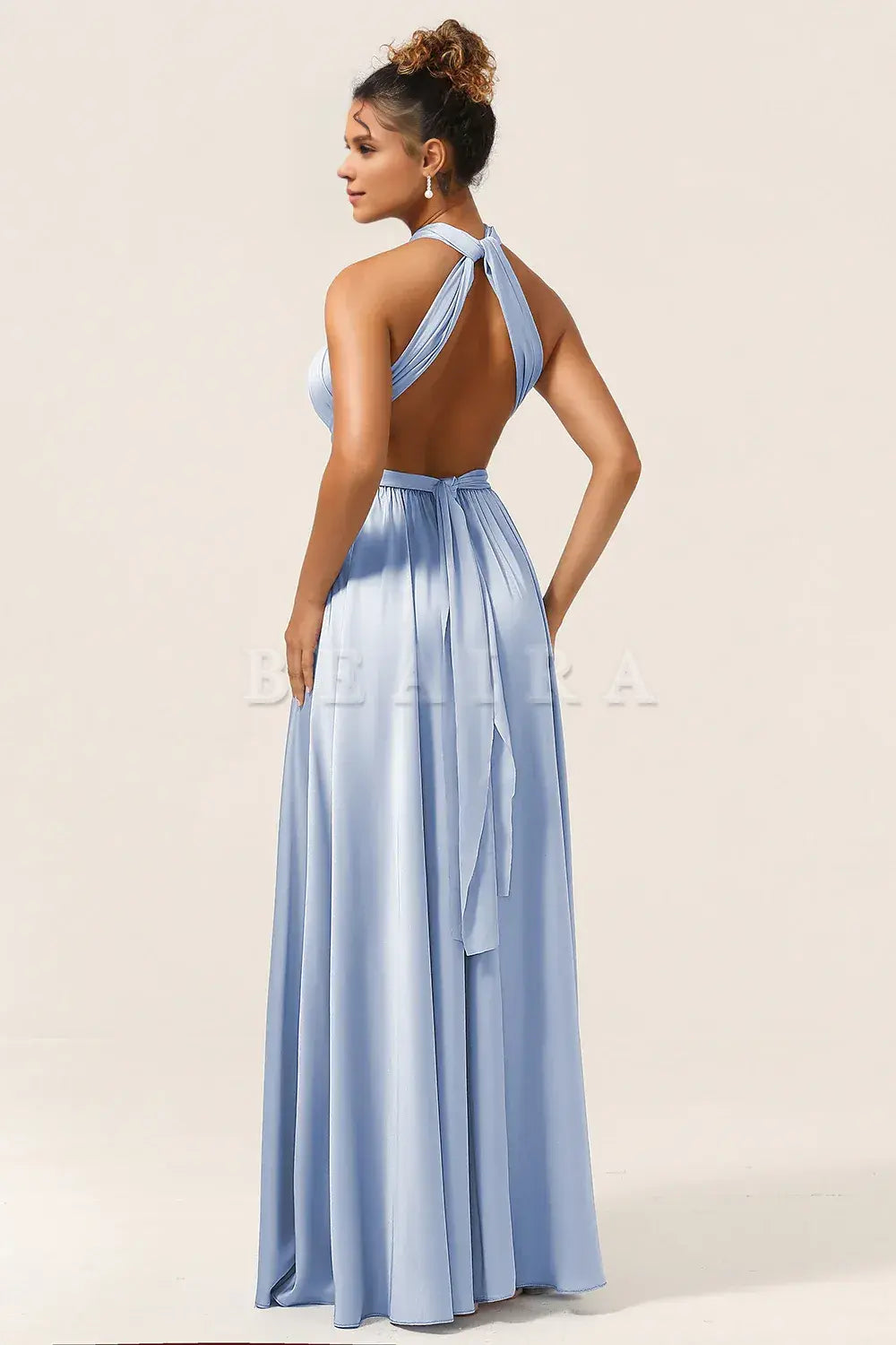 Beaira Dusty Blue A-Line Convertible Floor Length Satin Bridesmaid Dress Bridesmaid dress shop