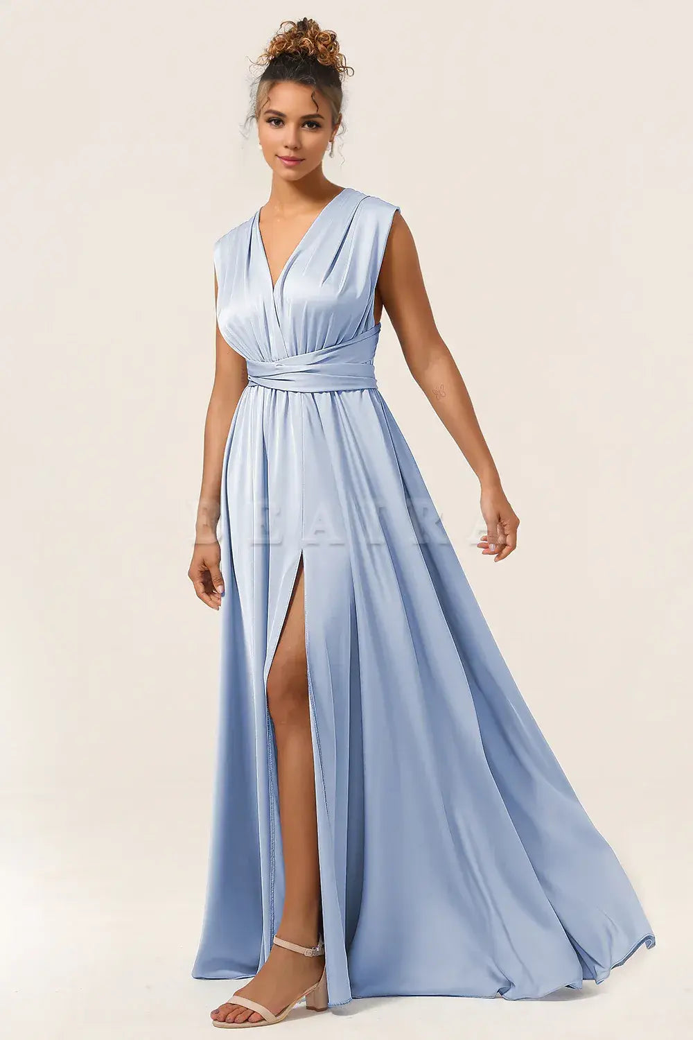 Beaira Dusty Blue A-Line Convertible Floor Length Satin Bridesmaid Dress Bridesmaid dress shop