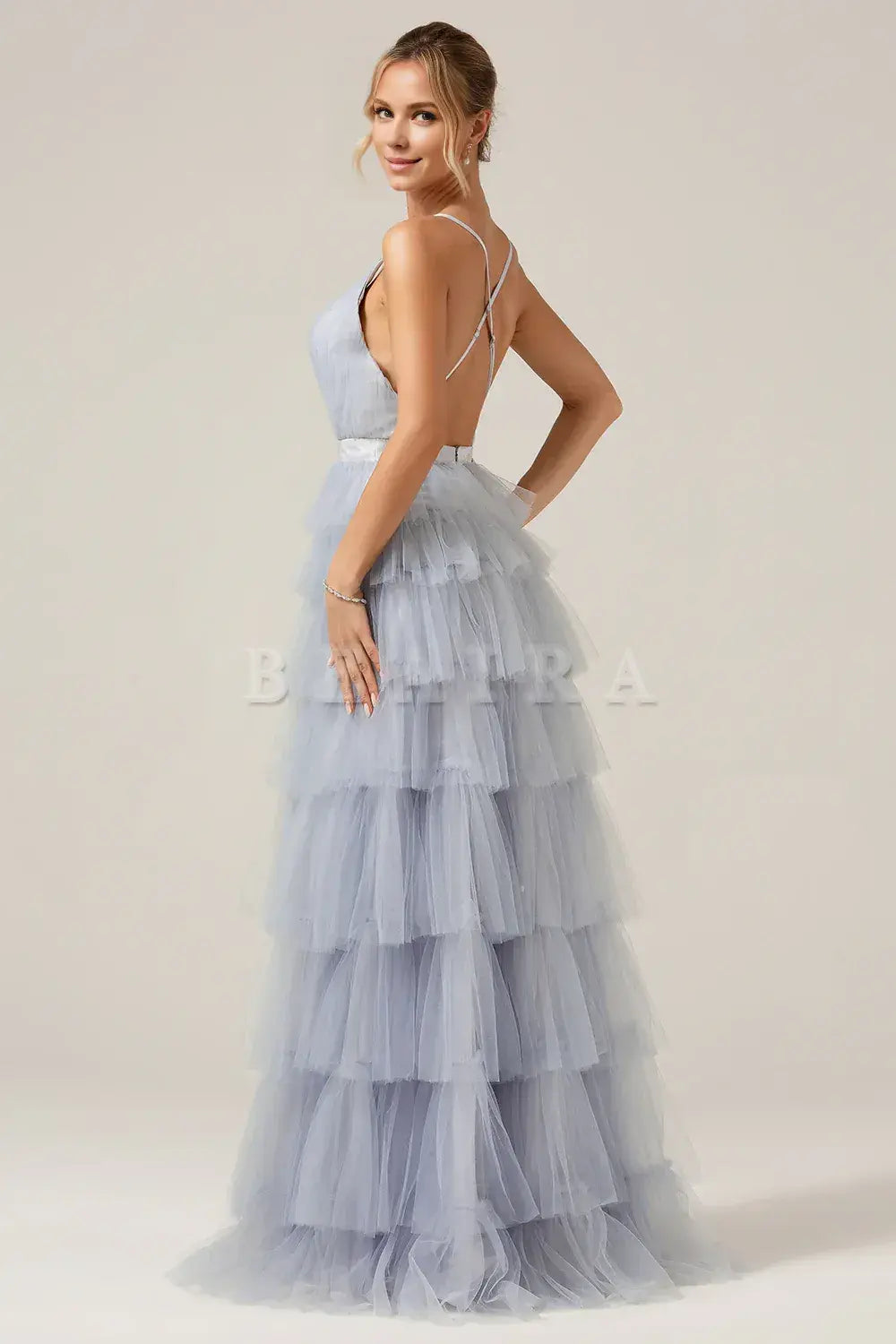 Beaira Dusty Blue A-Line Spaghetti Straps Tiered Long Tulle Maxi Dress Bridesmaid dress shop