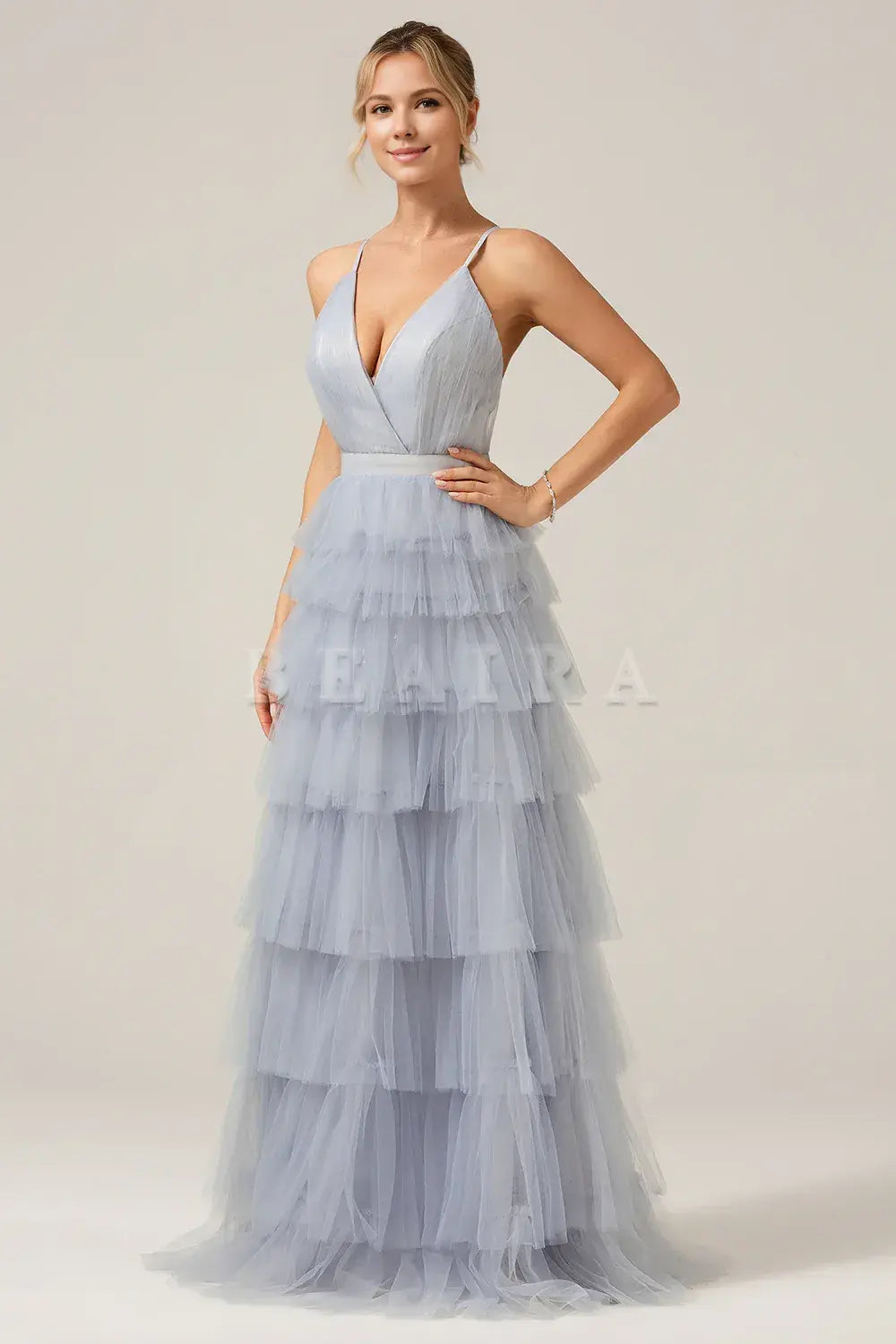Beaira Dusty Blue A-Line Spaghetti Straps Tiered Long Tulle Maxi Dress Bridesmaid dress shop